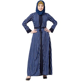Double layered striped abaya- Navy Blue